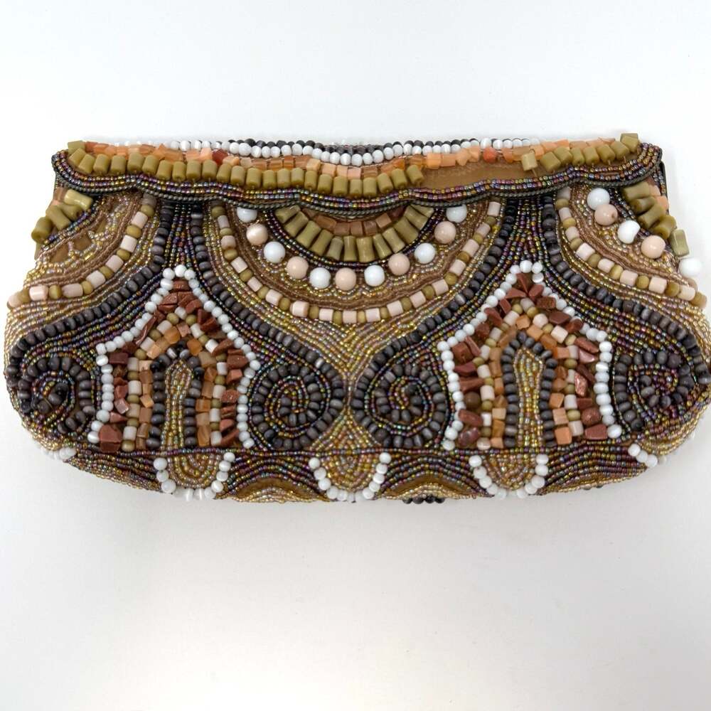 Vintage Art Deco Beaded Clutch Purse Hand Bag Art Nouveau Wedding In Brown Gold